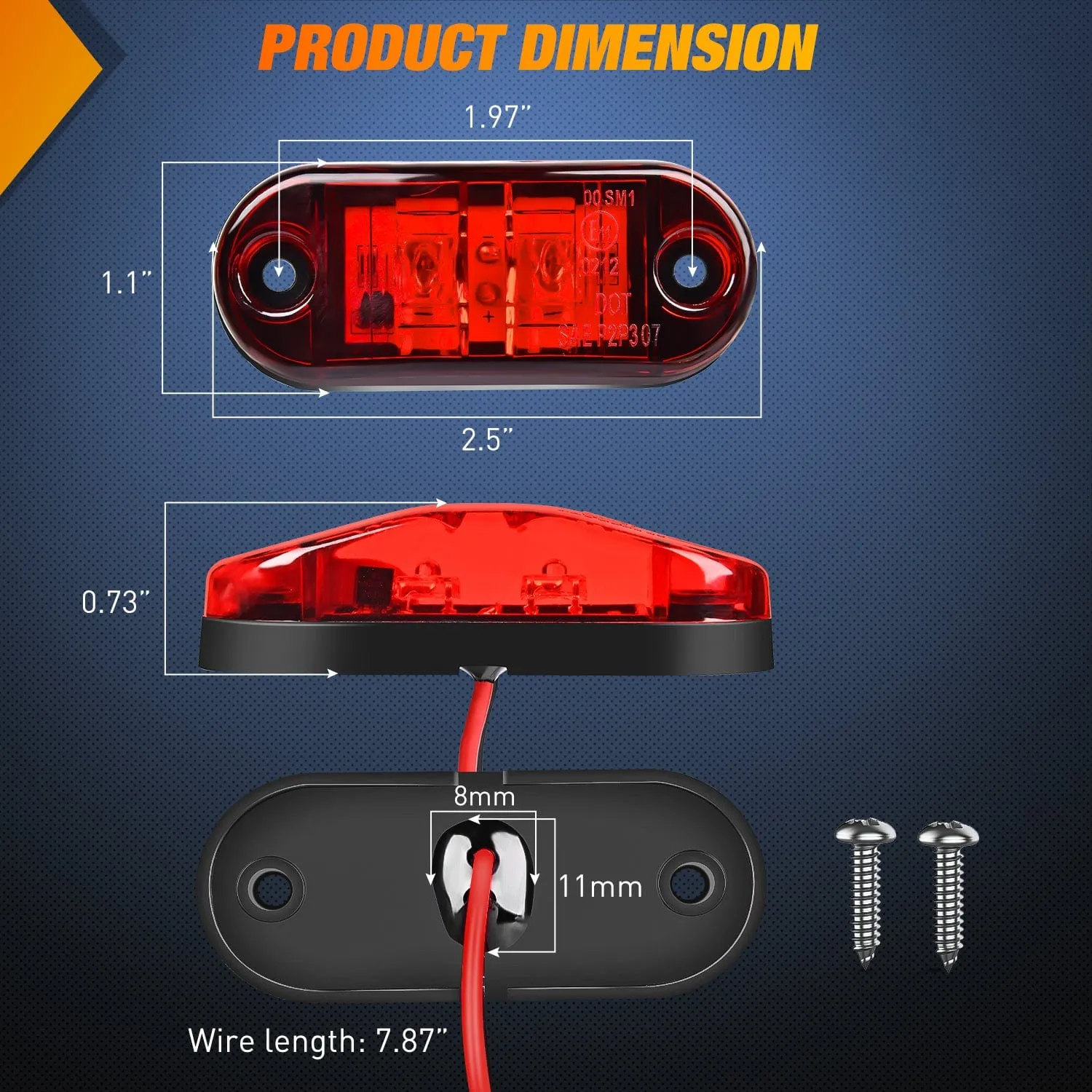 2.5Inch Oval Red Amber 2 Diode LED Side Marker Light 20PCS