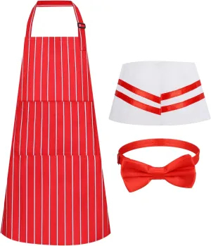 3 Pcs 1950s Waiter Costume Kit, Soda Jerk Costume Kit Red and White Striped Apron with 2 Pockets Chef Hat Red Bow Ties Adjustable for Adult Costume Cosplay Party