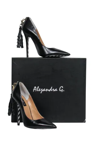 Alejandra G. - Black Leather Pointed Toe "Rita" Stilettos w/ Spiked Tassels Sz 6