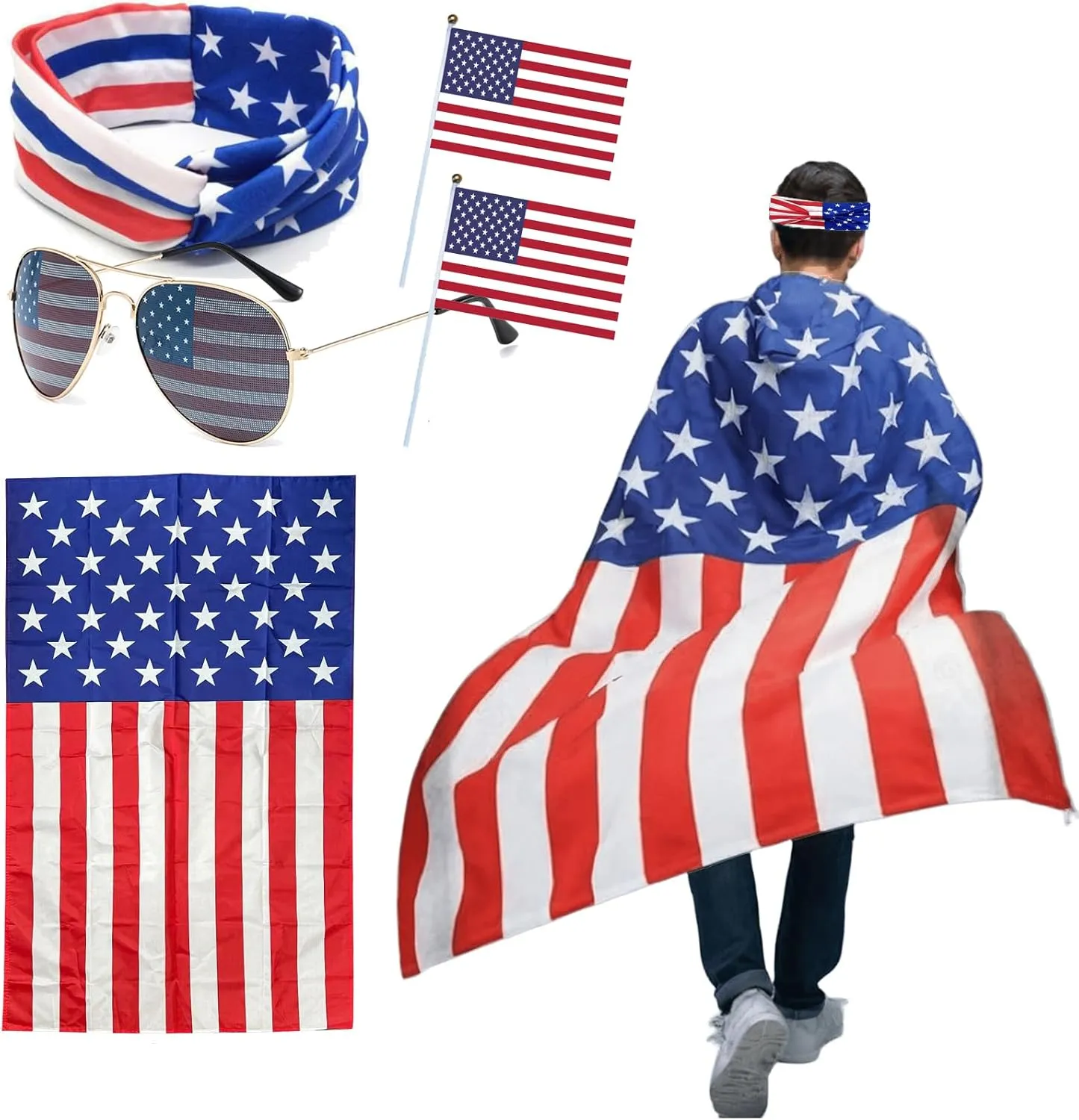American Flag Costume Cape, 4th of July Patriotic Decoration, Memorial Day Headband Sunglasses USA Hand Held Flags for Men Women Independence Day
