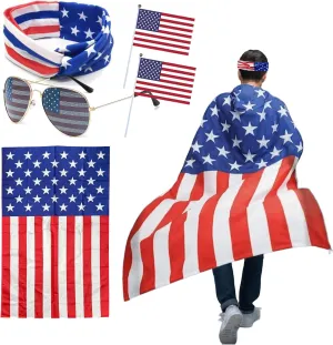 American Flag Costume Cape, 4th of July Patriotic Decoration, Memorial Day Headband Sunglasses USA Hand Held Flags for Men Women Independence Day