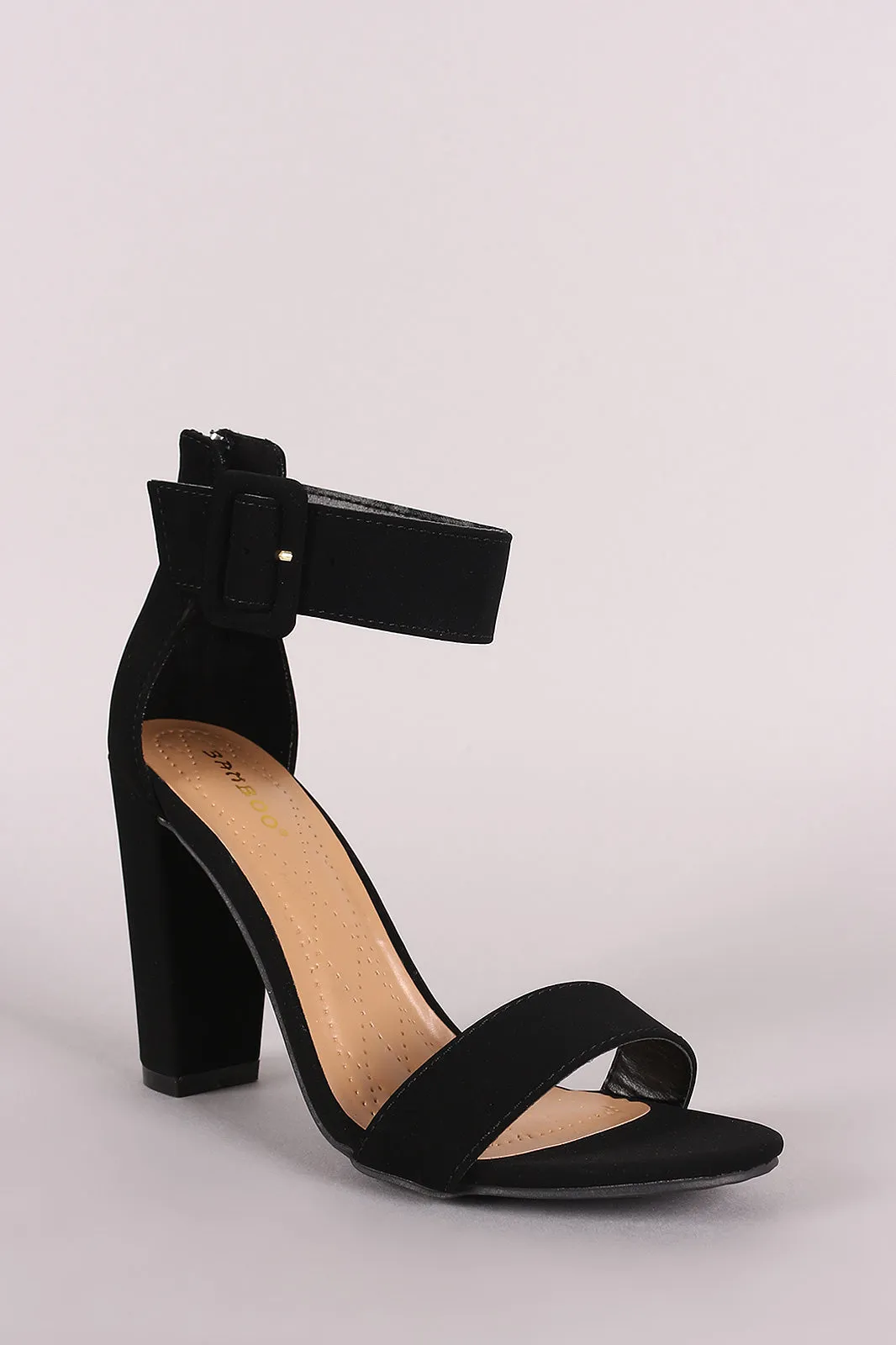 Bamboo Nubuck Buckled Ankle Strap Chunky Heel