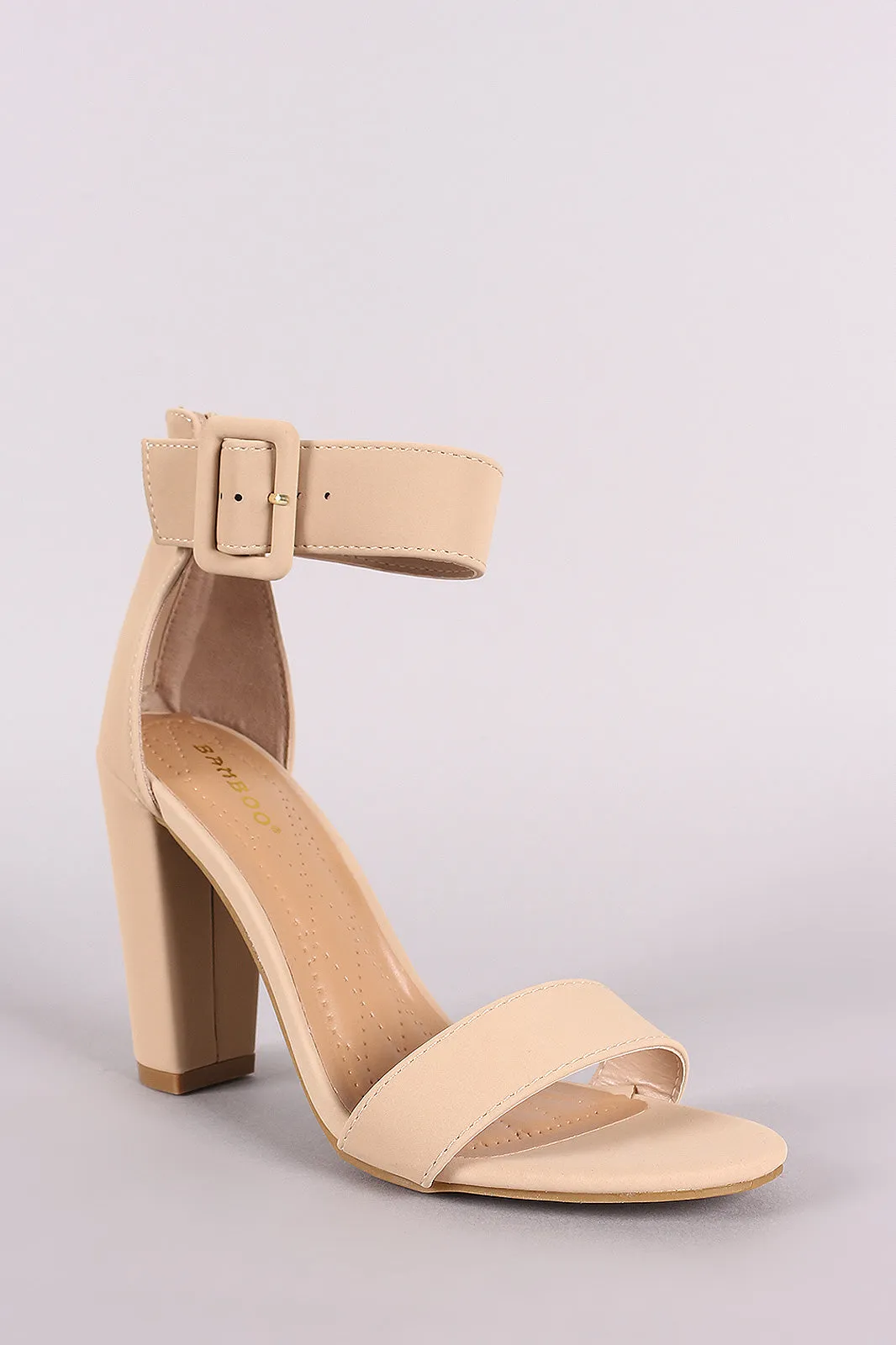 Bamboo Nubuck Buckled Ankle Strap Chunky Heel
