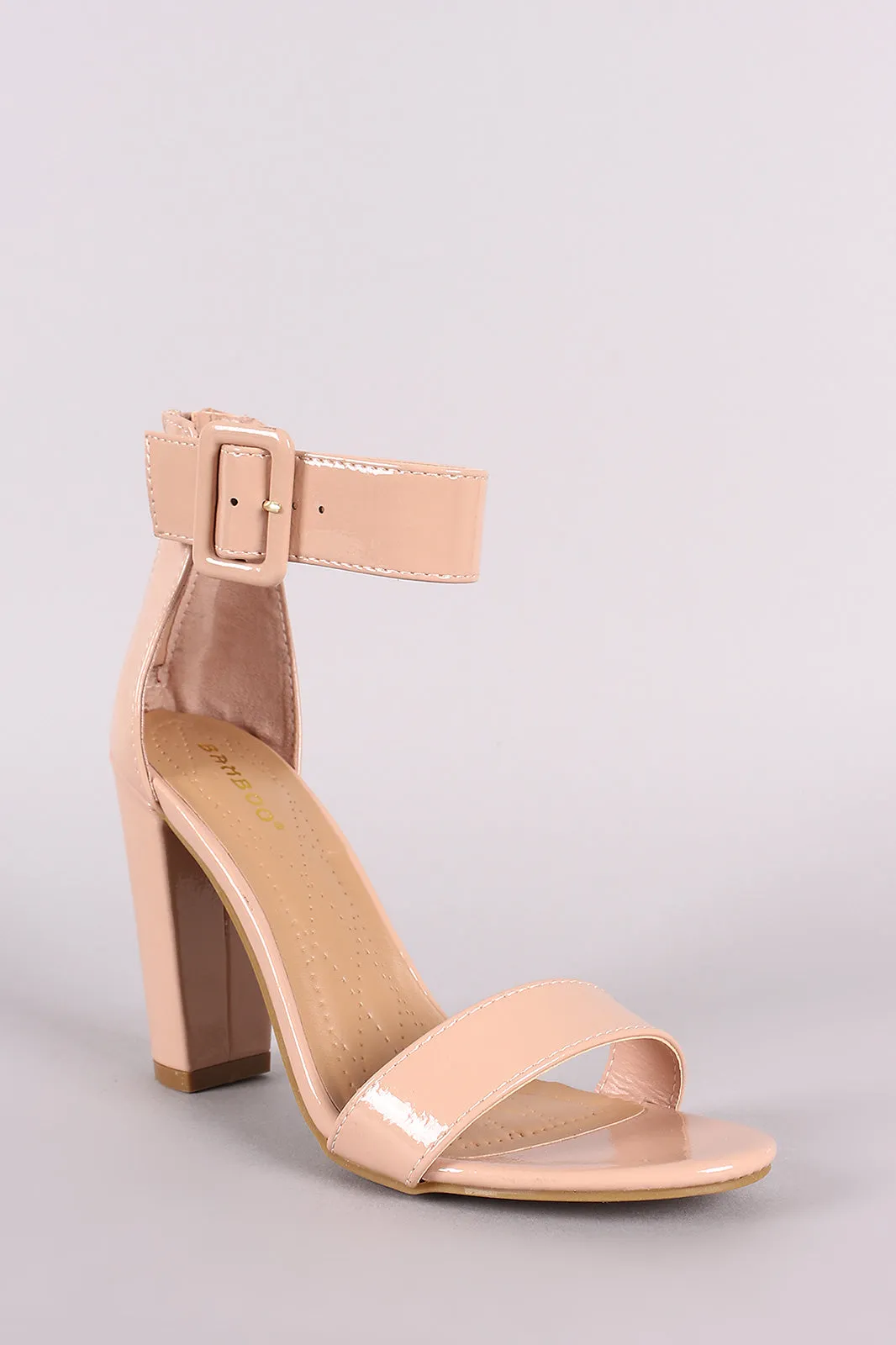 Bamboo Patent Buckled Ankle Strap Chunky Heel