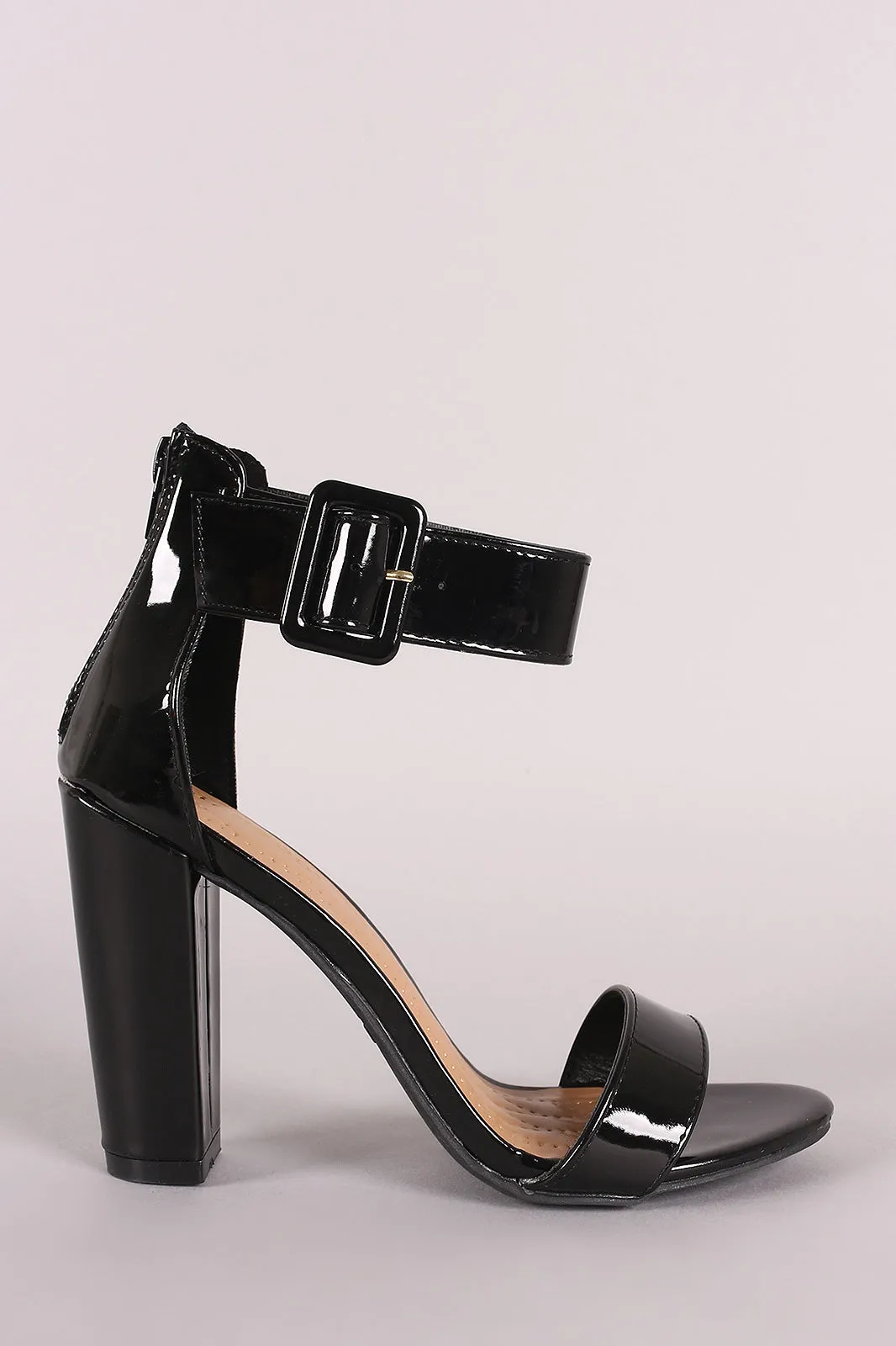 Bamboo Patent Buckled Ankle Strap Chunky Heel
