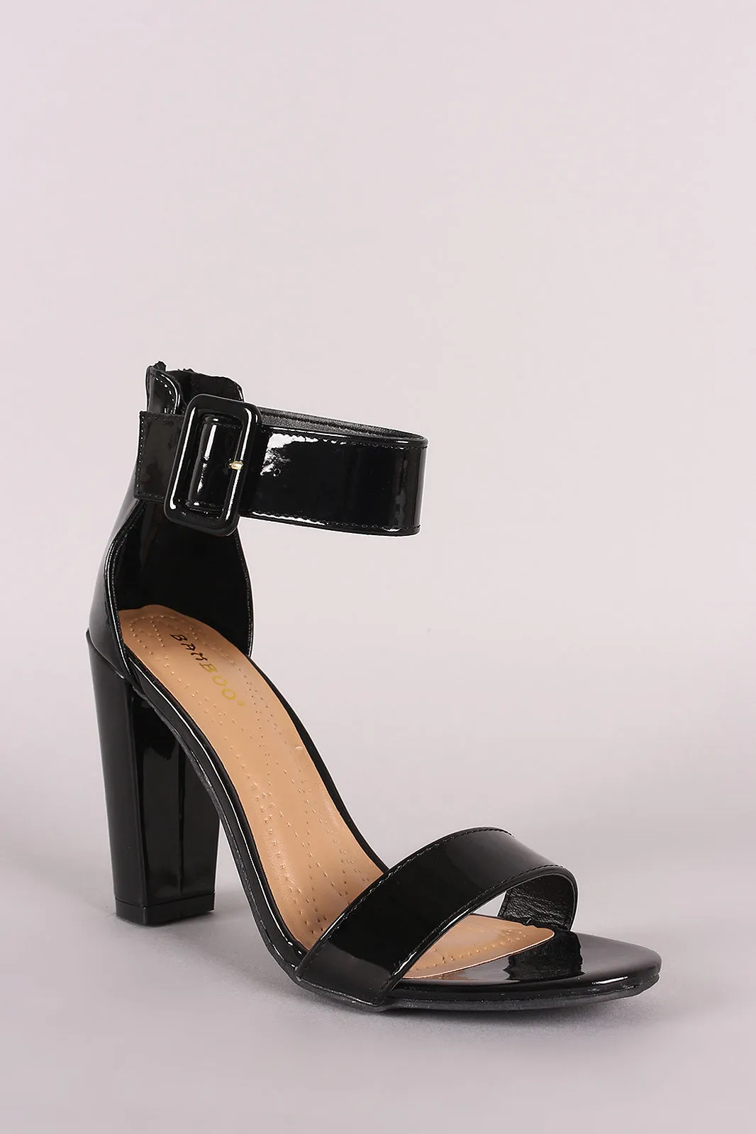 Bamboo Patent Buckled Ankle Strap Chunky Heel
