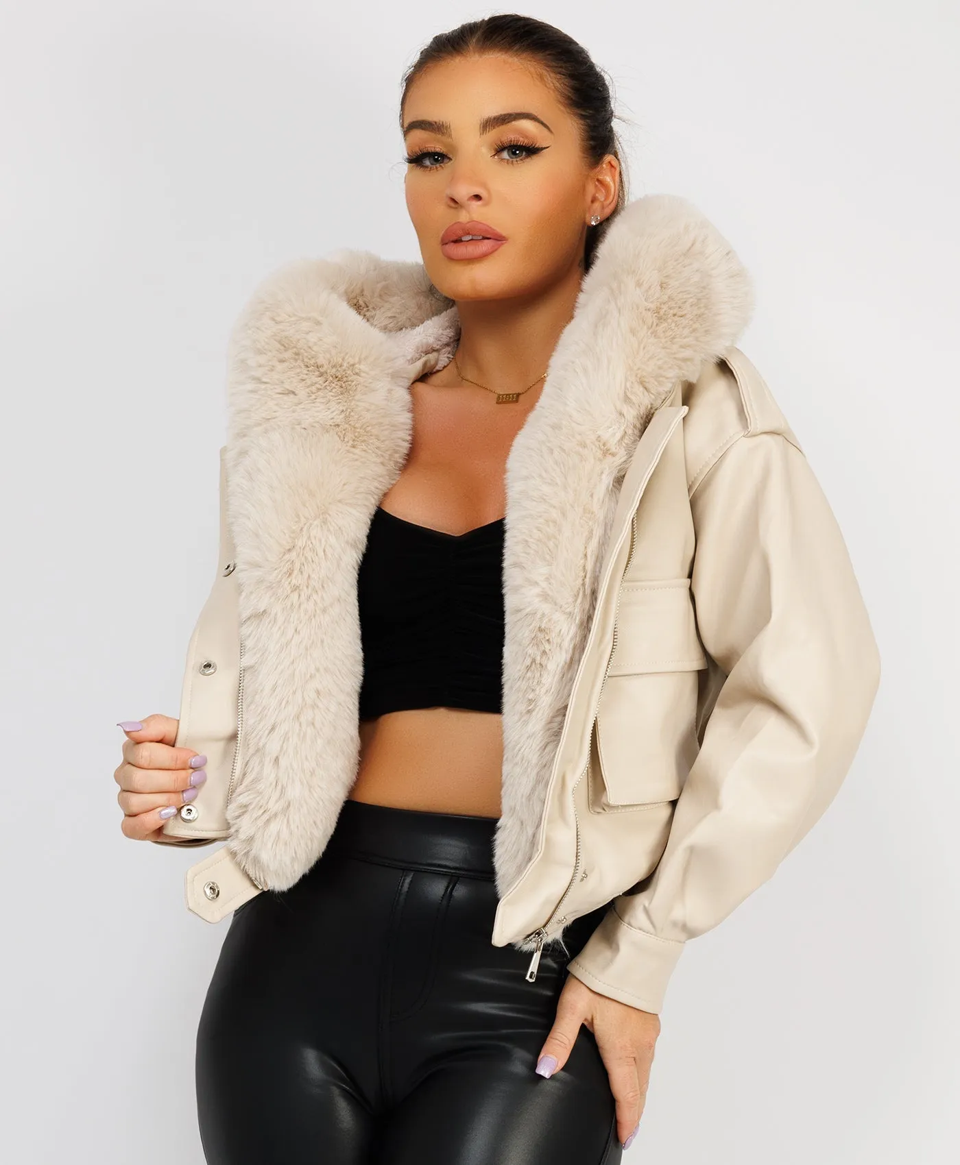 Beige Vegan Leather Faux Fur Collar Hooded Bomber Jacket