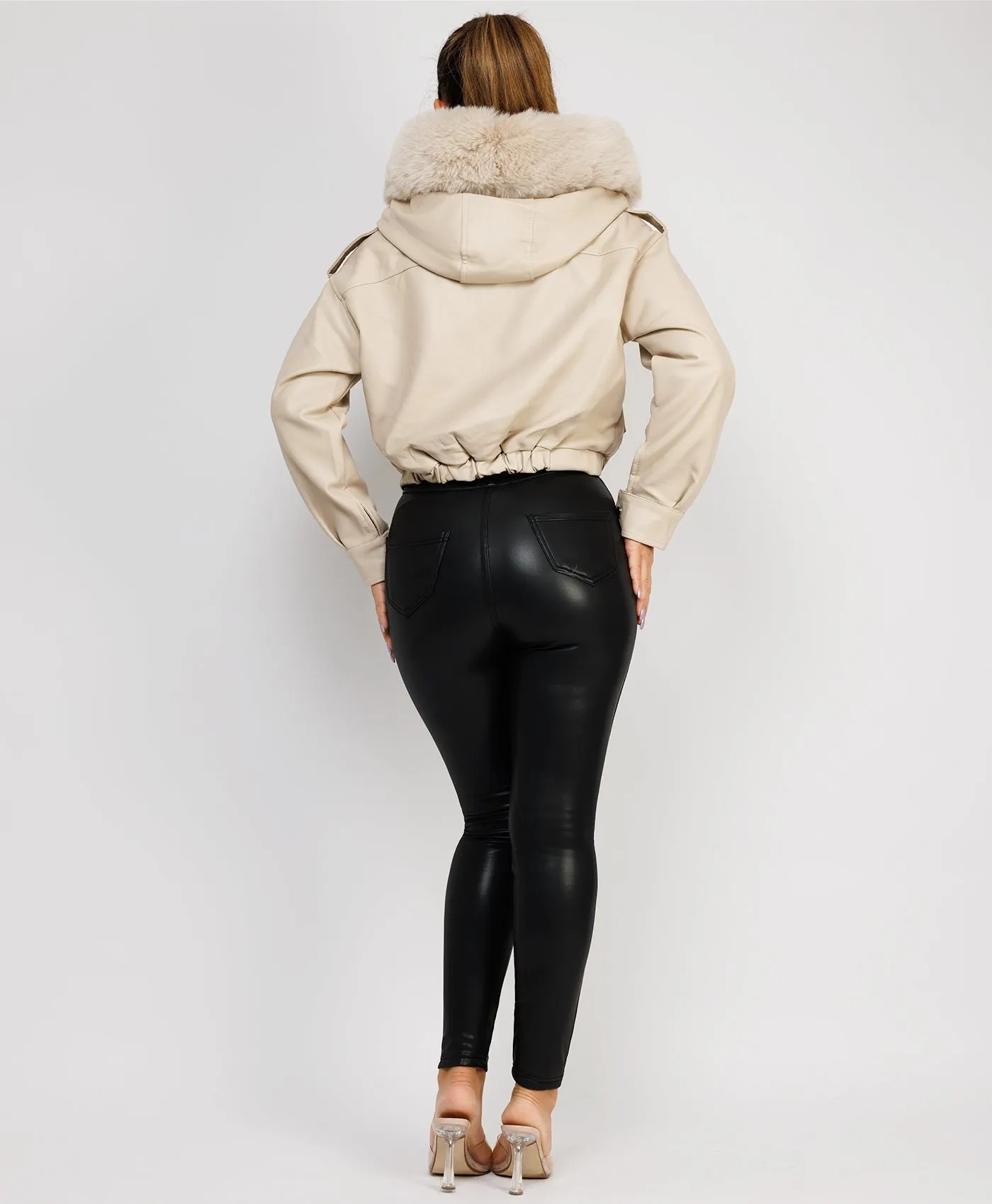 Beige Vegan Leather Faux Fur Collar Hooded Bomber Jacket