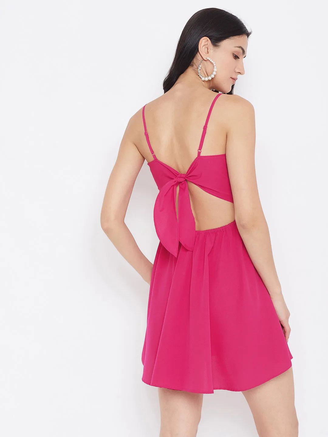 Berrylush Women Solid Dark Pink Front Twist Knot Fit & Flare Mini Dress