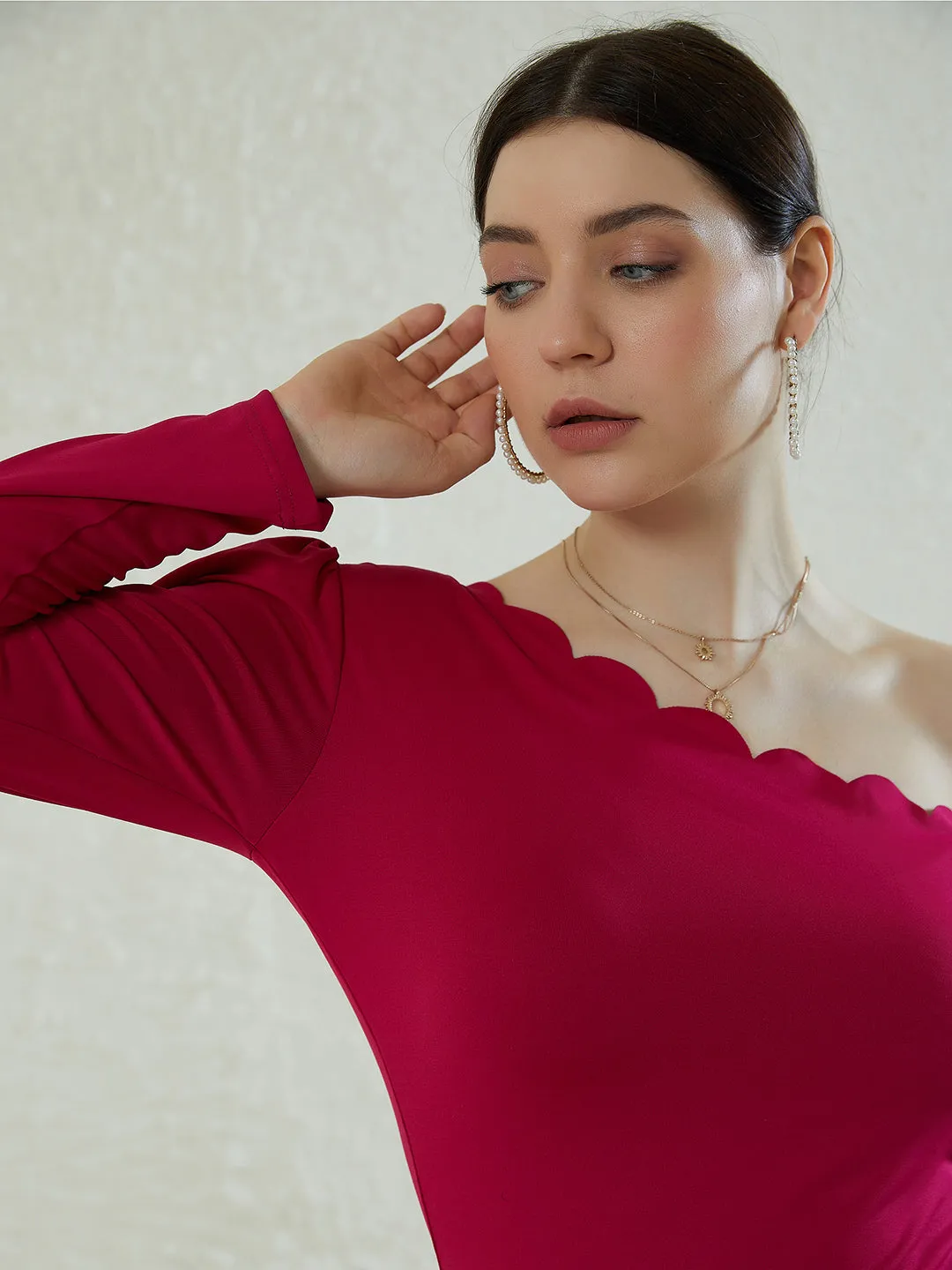 Berrylush Women Solid Pink One-Shoulder Neck Puff Sleeves Scalloped Regular Top