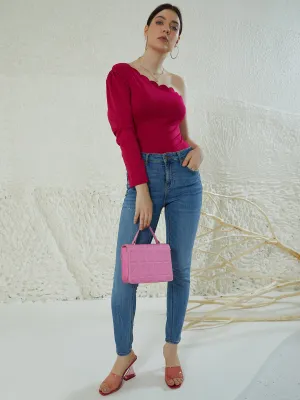 Berrylush Women Solid Pink One-Shoulder Neck Puff Sleeves Scalloped Regular Top