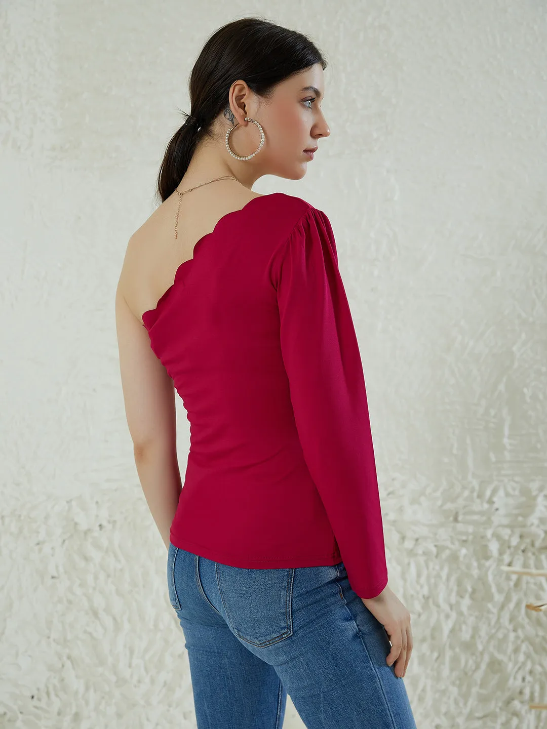Berrylush Women Solid Pink One-Shoulder Neck Puff Sleeves Scalloped Regular Top