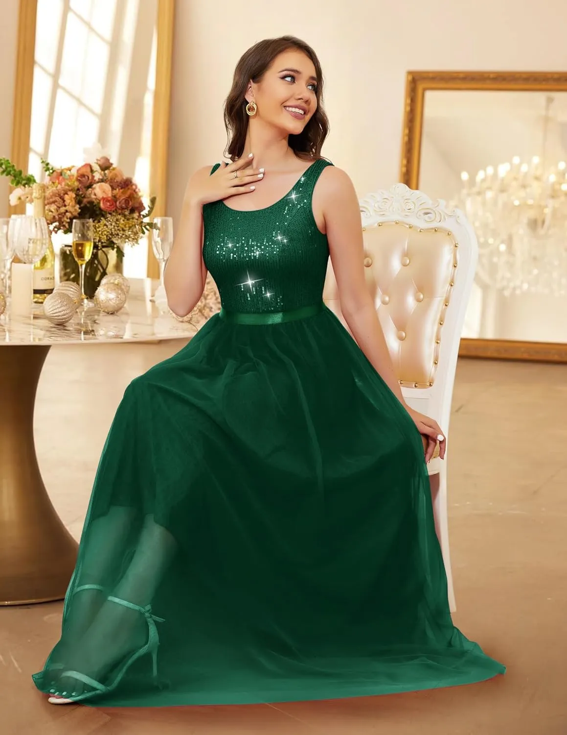 BeryLove Sequin Dress for Woman Vintage A Line Wedding Formal Swing Mesh Dress Sleeveless Cocktail Maxi Gowns