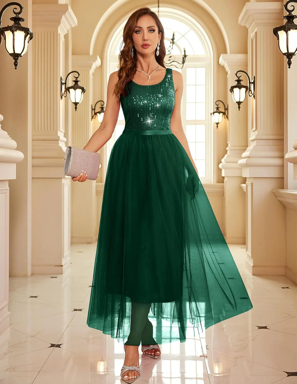 BeryLove Sequin Dress for Woman Vintage A Line Wedding Formal Swing Mesh Dress Sleeveless Cocktail Maxi Gowns