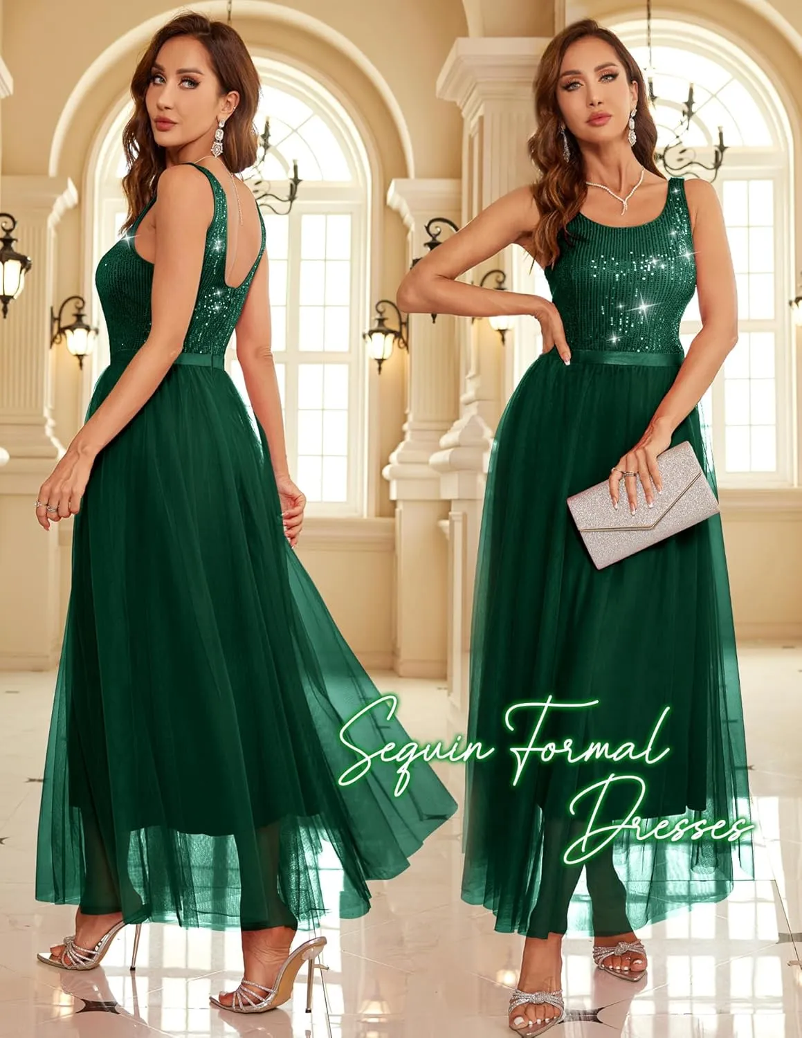 BeryLove Sequin Dress for Woman Vintage A Line Wedding Formal Swing Mesh Dress Sleeveless Cocktail Maxi Gowns