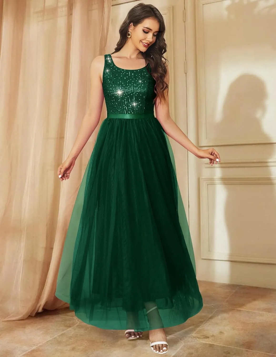 BeryLove Sequin Dress for Woman Vintage A Line Wedding Formal Swing Mesh Dress Sleeveless Cocktail Maxi Gowns