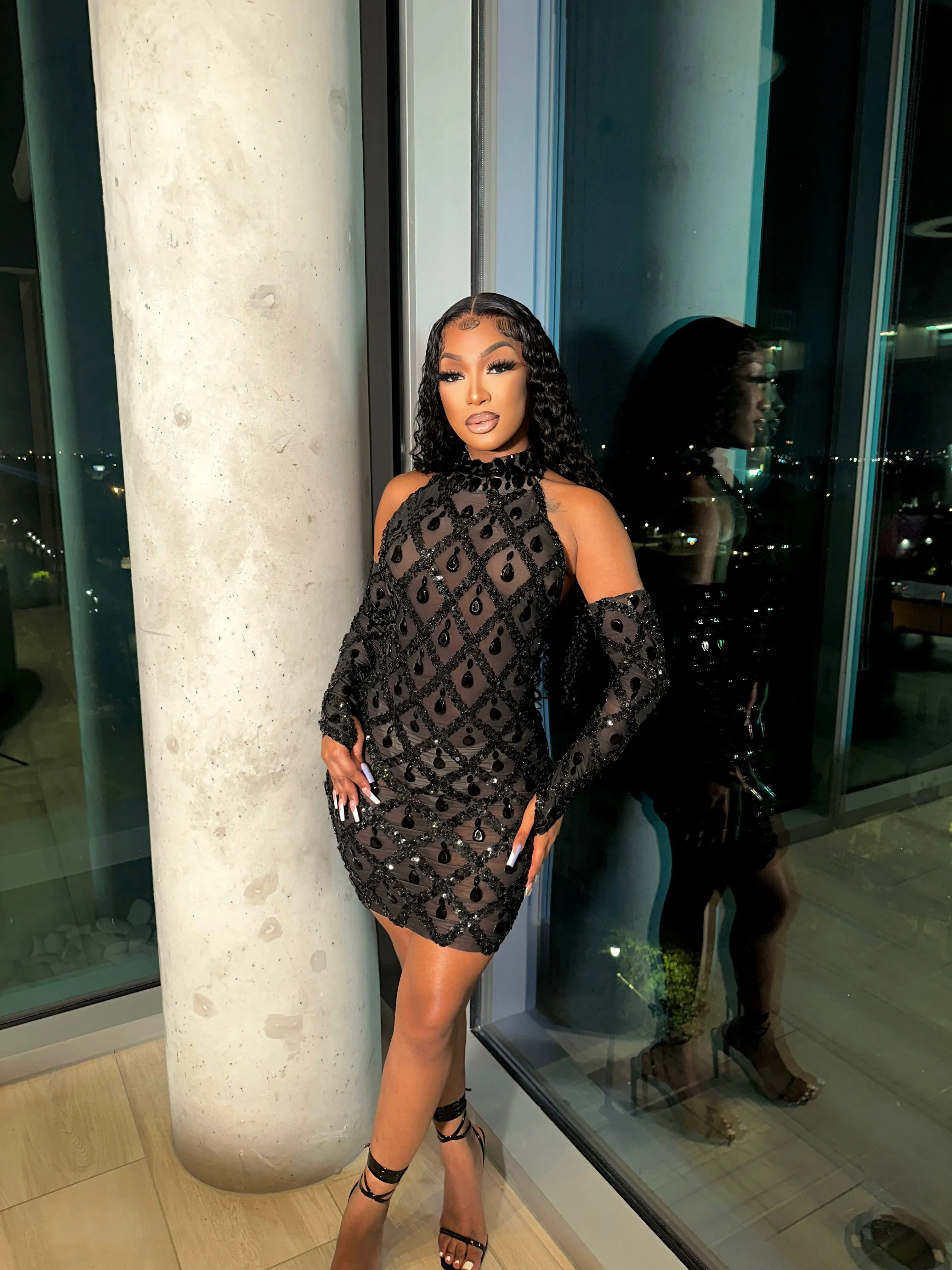 Black Diamond Mini Dress With Gloves Pre-Order