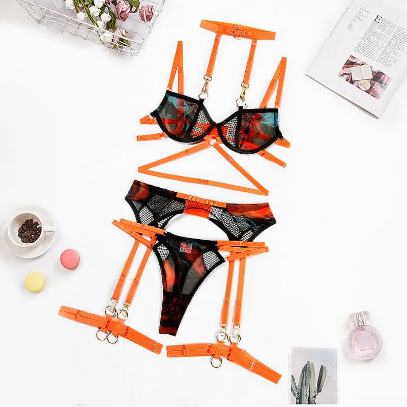 Bold Halter Neckline Zebra Print Mesh Lingerie Set