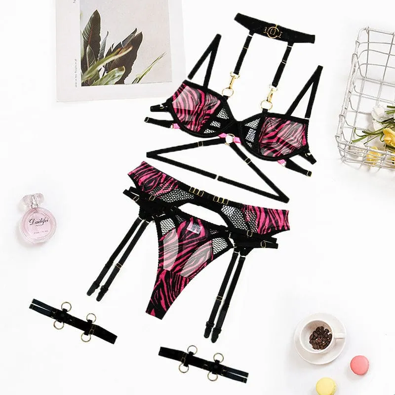 Bold Halter Neckline Zebra Print Mesh Lingerie Set