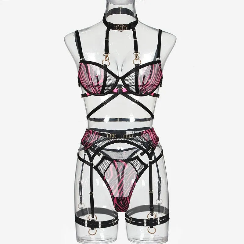Bold Halter Neckline Zebra Print Mesh Lingerie Set