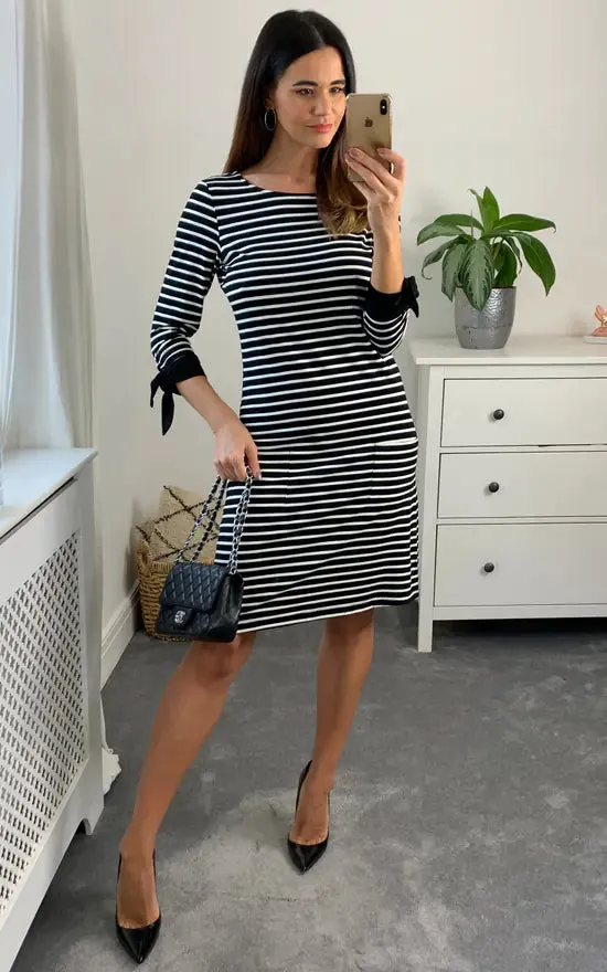 Brenda Tie Sleeve Striped Long Sleeve Dress Colour Black And White