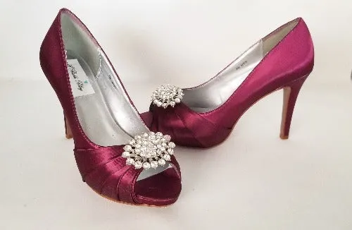 Burgundy Bridal Shoes with Crystal Oval Design