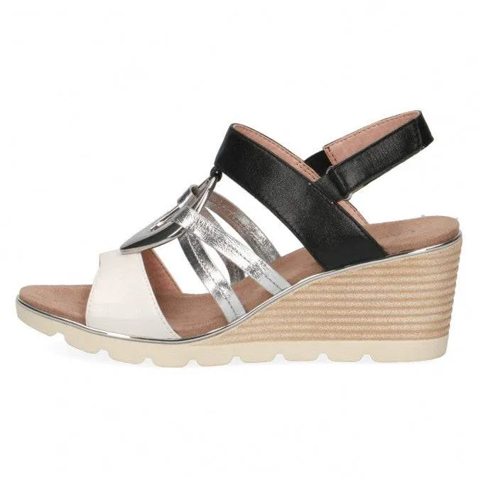 Caprice black & white leather strappy wedge with silver hoop detail