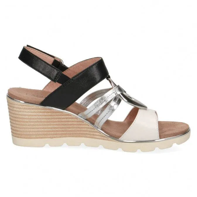 Caprice black & white leather strappy wedge with silver hoop detail