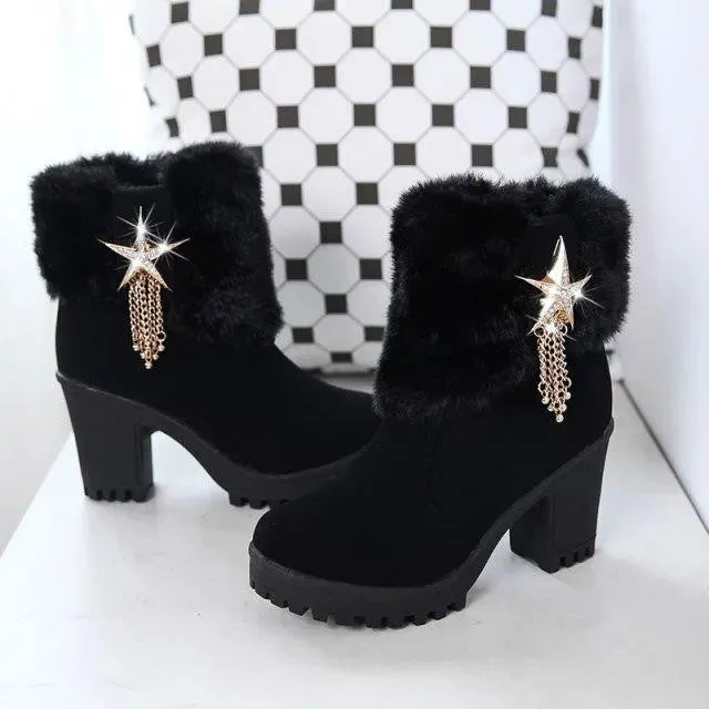 Casual Warm Zipper Star Tassels Wool Boots