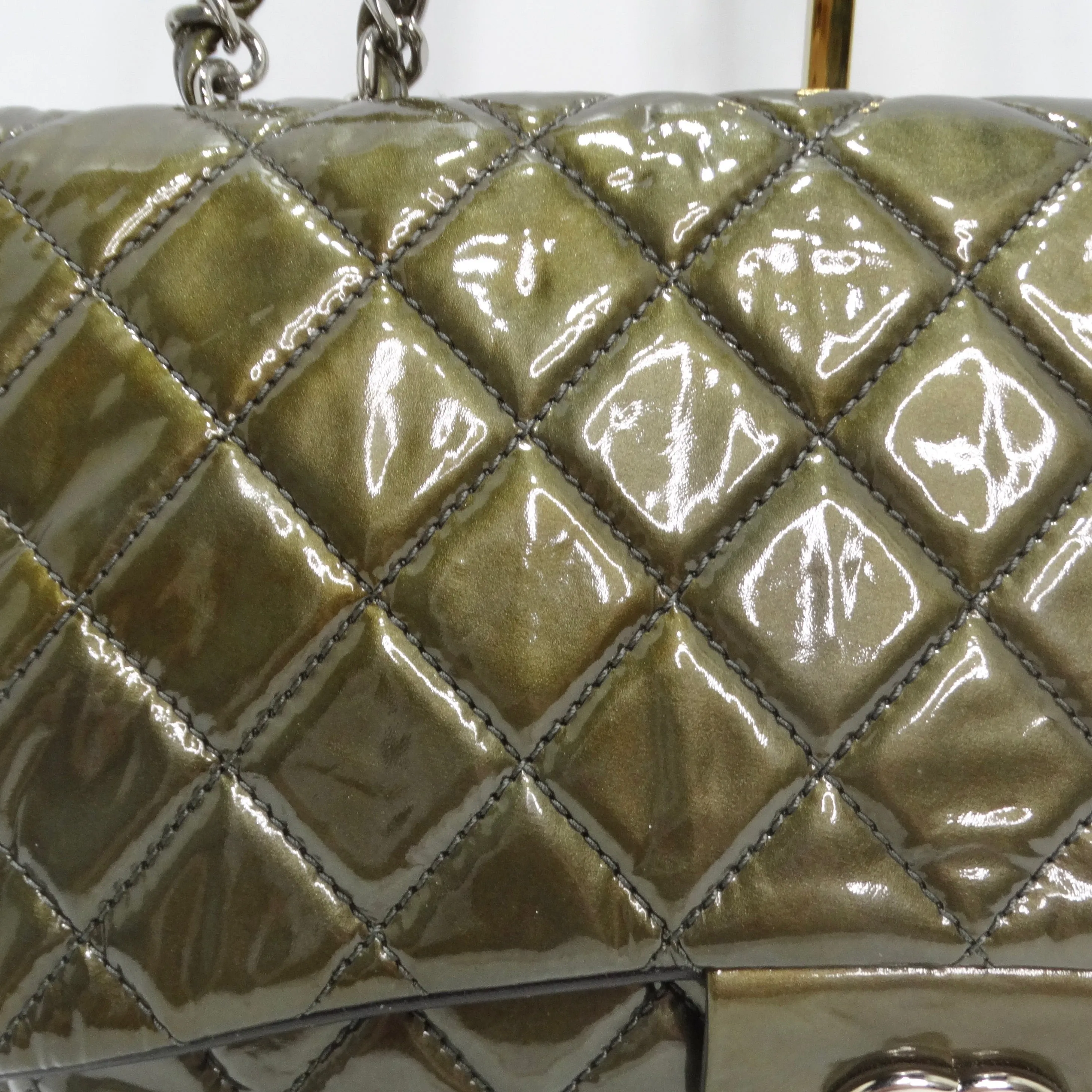 Chanel 2008-2009 Metallic Patent Quilted Jumbo Single Flap Green