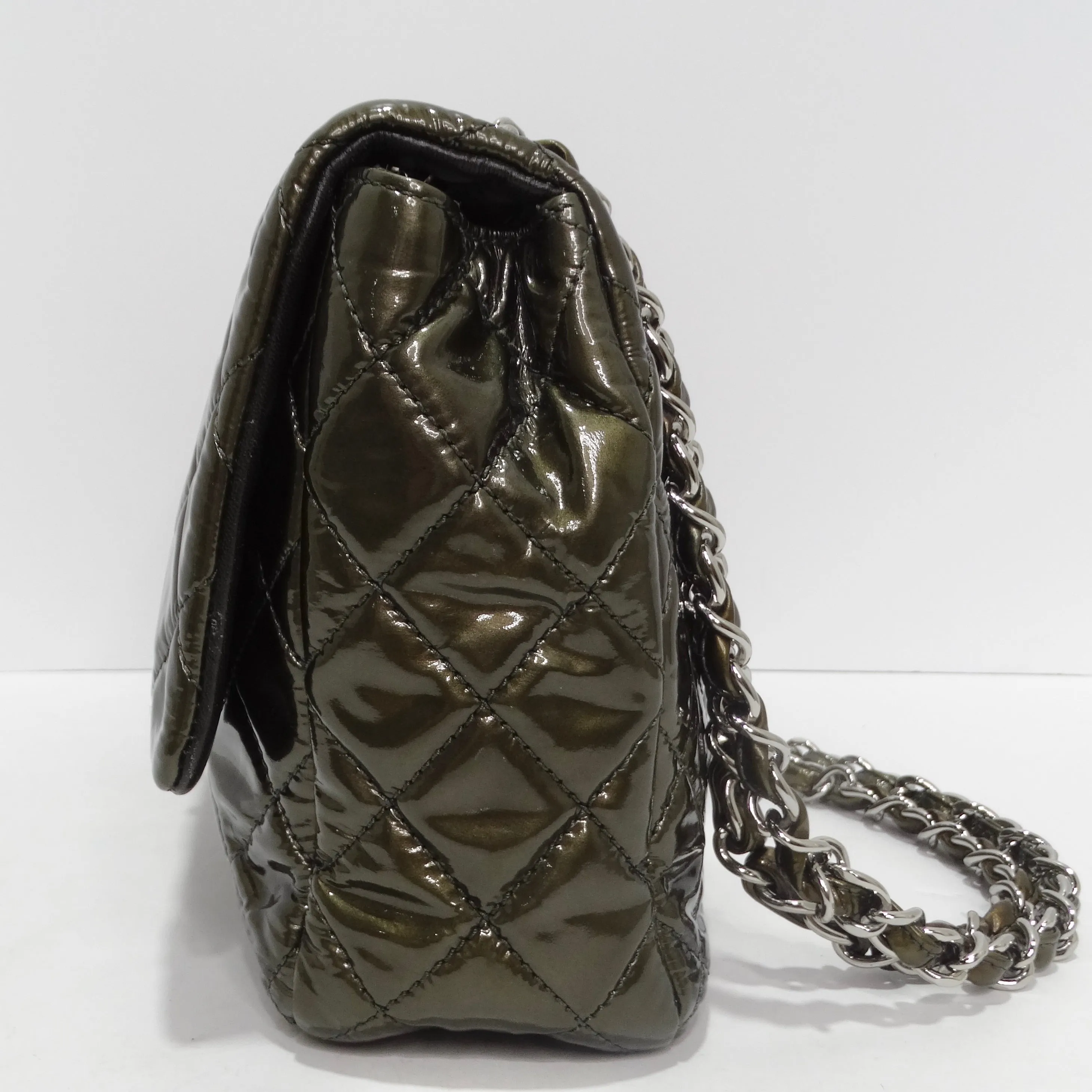Chanel 2008-2009 Metallic Patent Quilted Jumbo Single Flap Green
