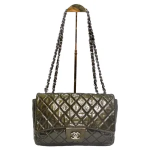 Chanel 2008-2009 Metallic Patent Quilted Jumbo Single Flap Green