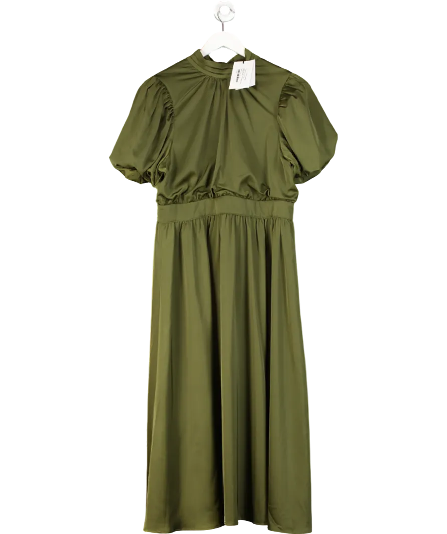 Club L Green Persea Olive Satin Puff-sleeve Midi Dress With Bow UK 16