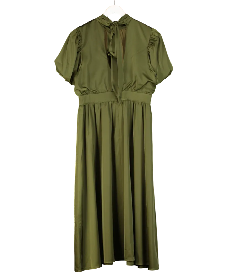Club L Green Persea Olive Satin Puff-sleeve Midi Dress With Bow UK 16