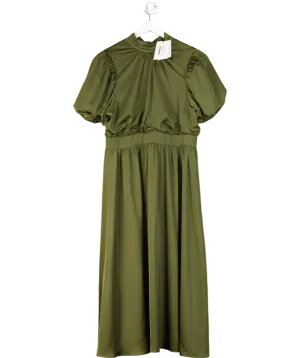 Club L Green Persea Olive Satin Puff-sleeve Midi Dress With Bow UK 16