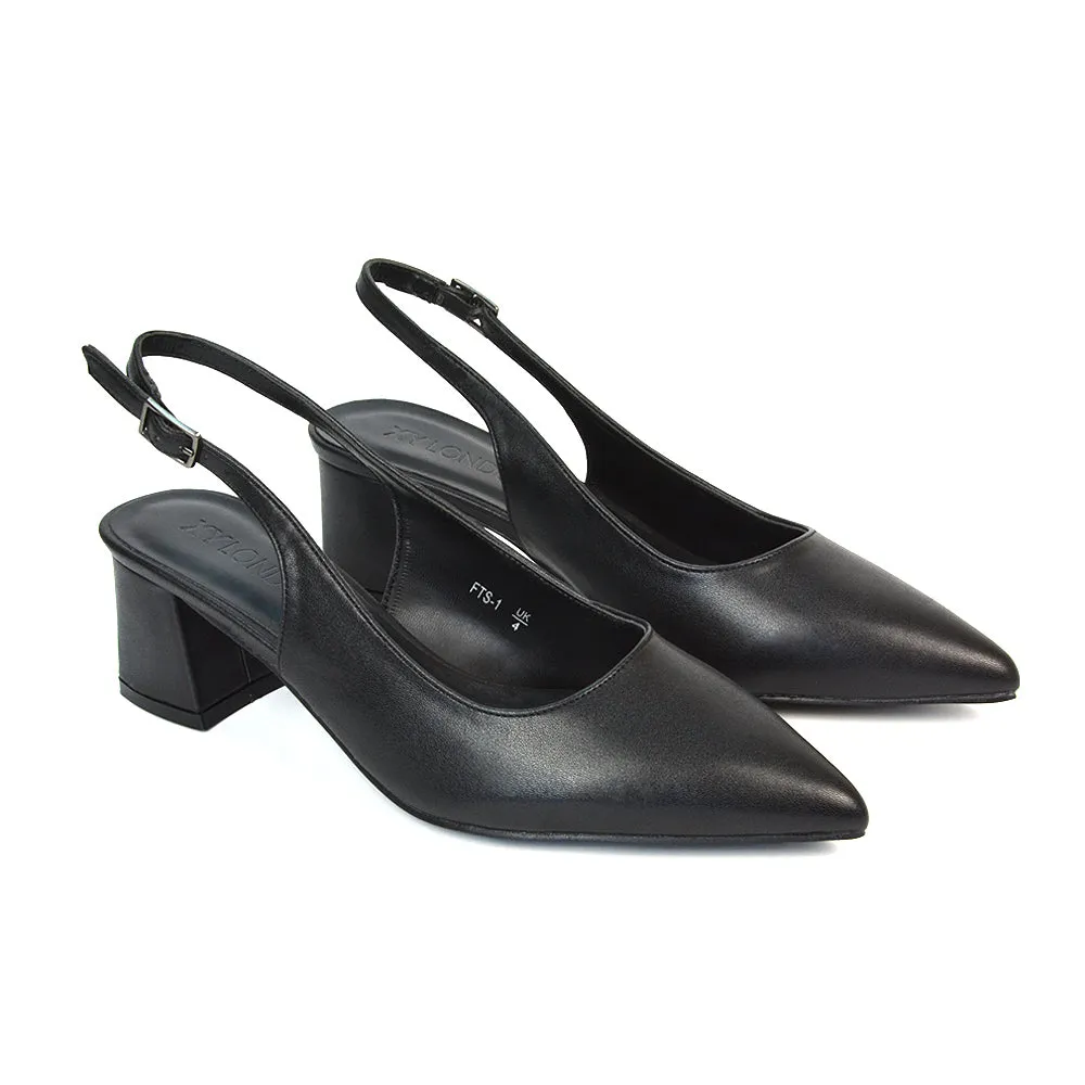 Devon Low Block Heel Slingback Pointed Toe Shoes in Black Synthetic Leather