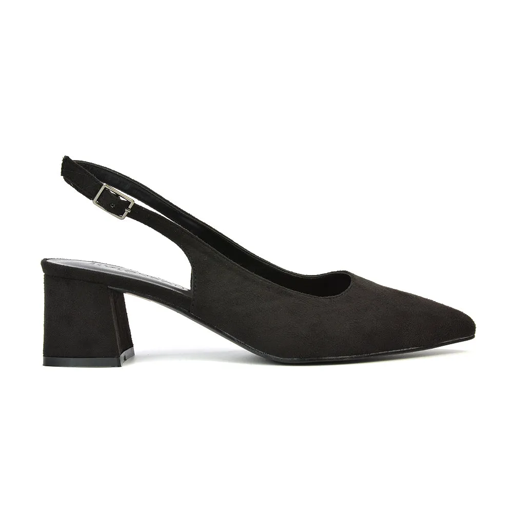 Devon Low Block Heel Slingback Pointed Toe Shoes in Black Synthetic Leather