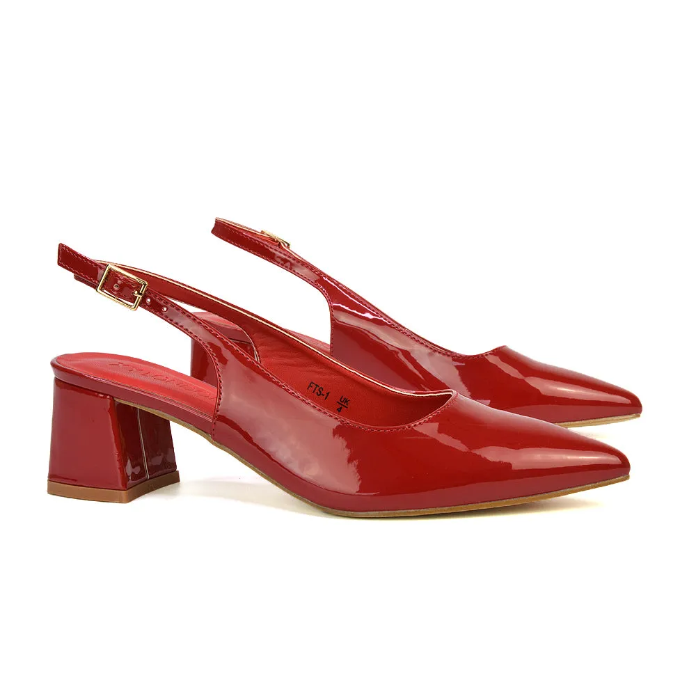 Devon Low Block Heel Slingback Pointed Toe Shoes in Black Synthetic Leather