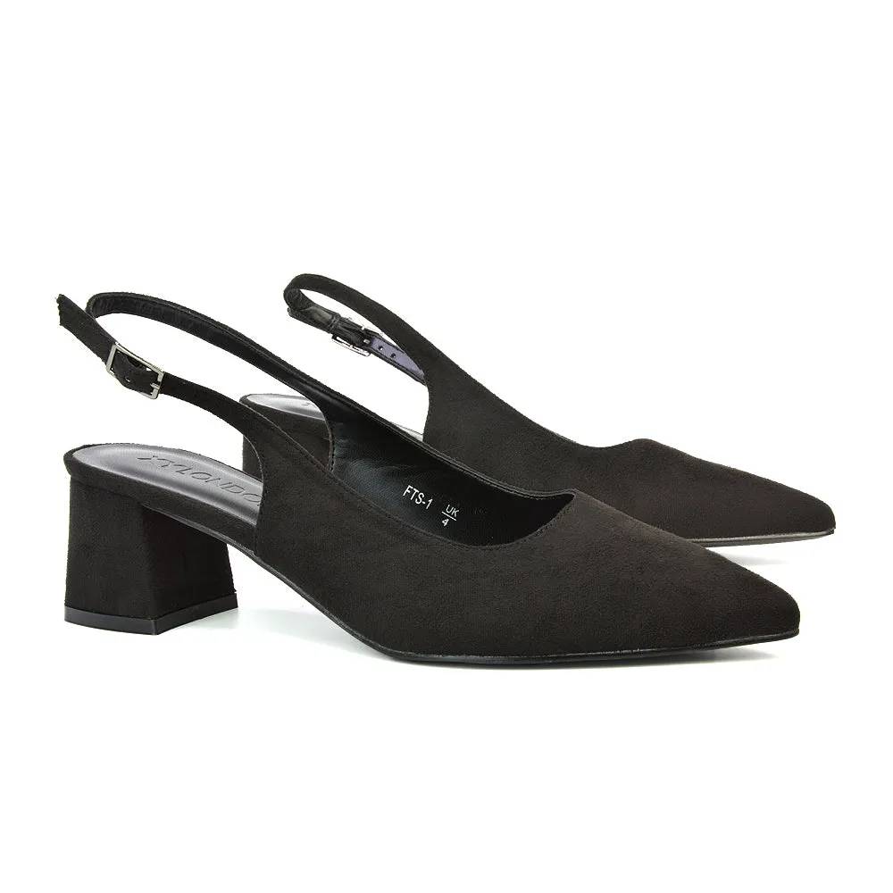 Devon Low Block Heel Slingback Pointed Toe Shoes in Black Synthetic Leather