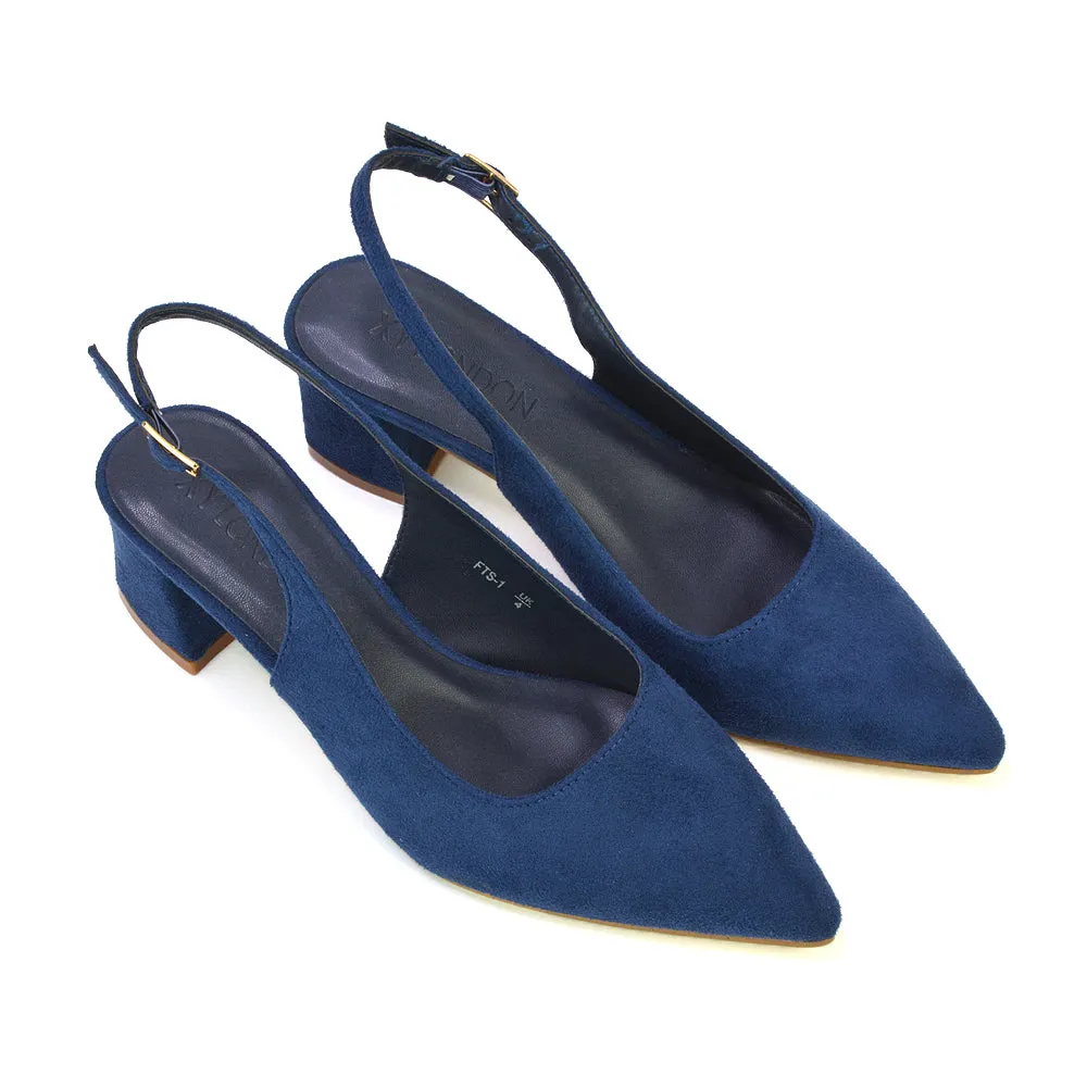 Devon Low Block Heel Slingback Pointed Toe Shoes in Black Synthetic Leather