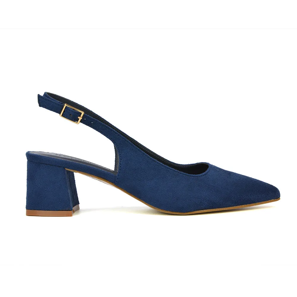 Devon Low Block Heel Slingback Pointed Toe Shoes in Black Synthetic Leather