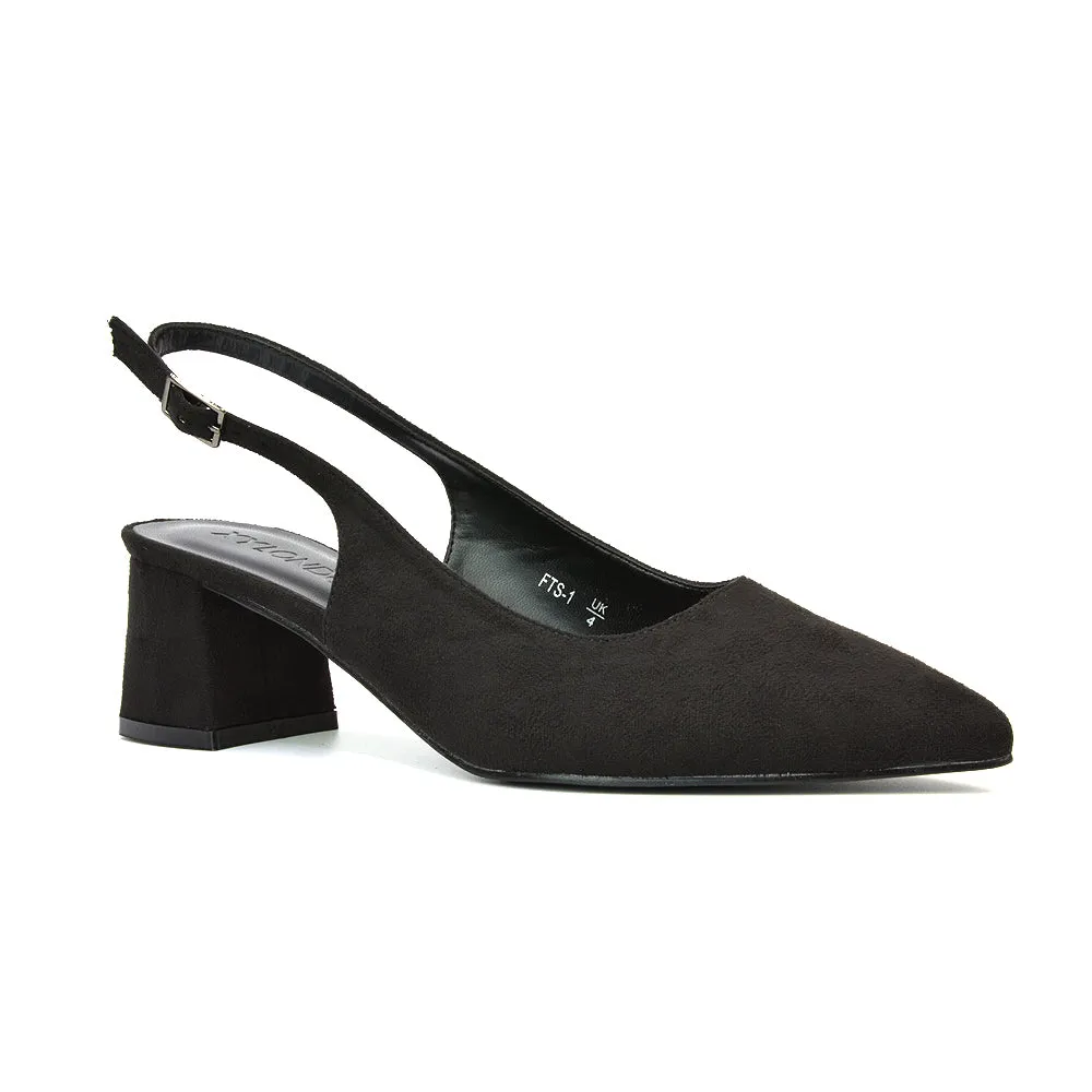 Devon Low Block Heel Slingback Pointed Toe Shoes in Black Synthetic Leather