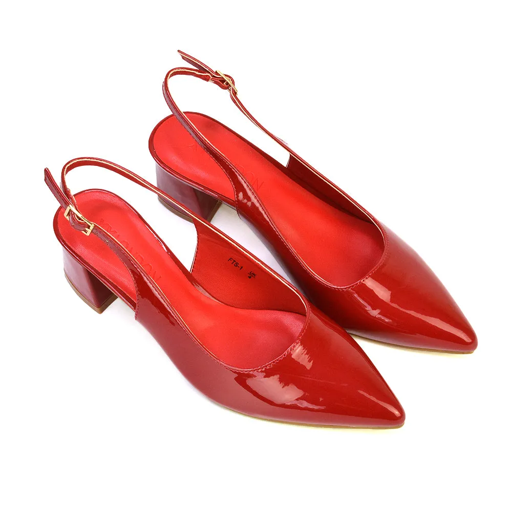 Devon Low Block Heel Slingback Pointed Toe Shoes in Black Synthetic Leather