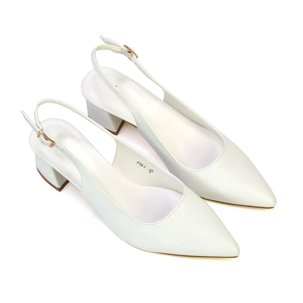 Devon Low Block Heel Slingback Pointed Toe Shoes in Black Synthetic Leather