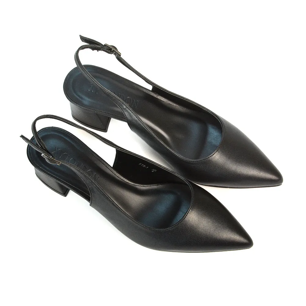 Devon Low Block Heel Slingback Pointed Toe Shoes in Black Synthetic Leather
