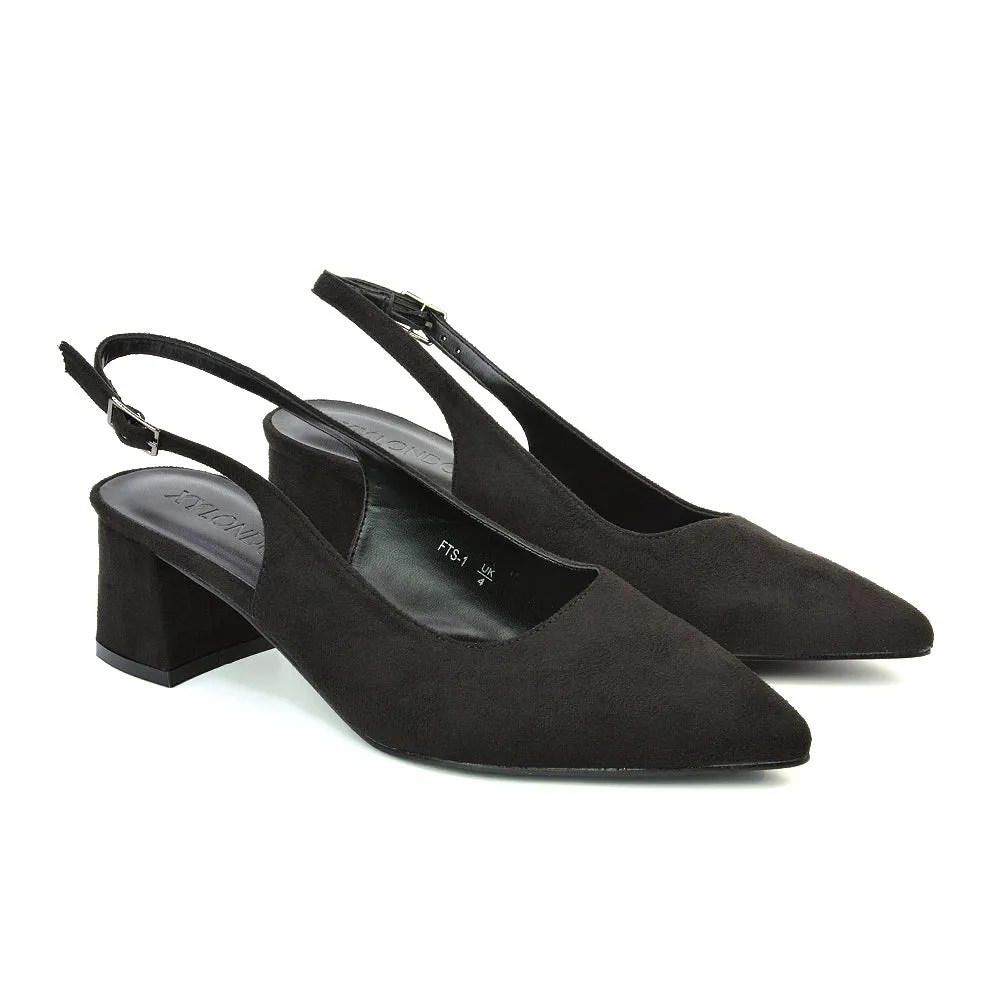 Devon Low Block Heel Slingback Pointed Toe Shoes in Black Synthetic Leather