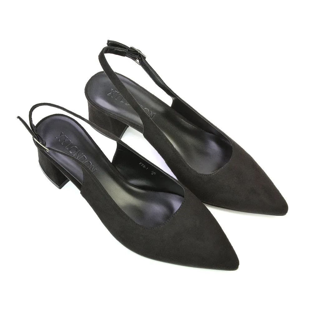 Devon Low Block Heel Slingback Pointed Toe Shoes in Black Synthetic Leather