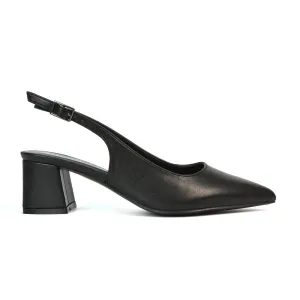Devon Low Block Heel Slingback Pointed Toe Shoes in Black Synthetic Leather