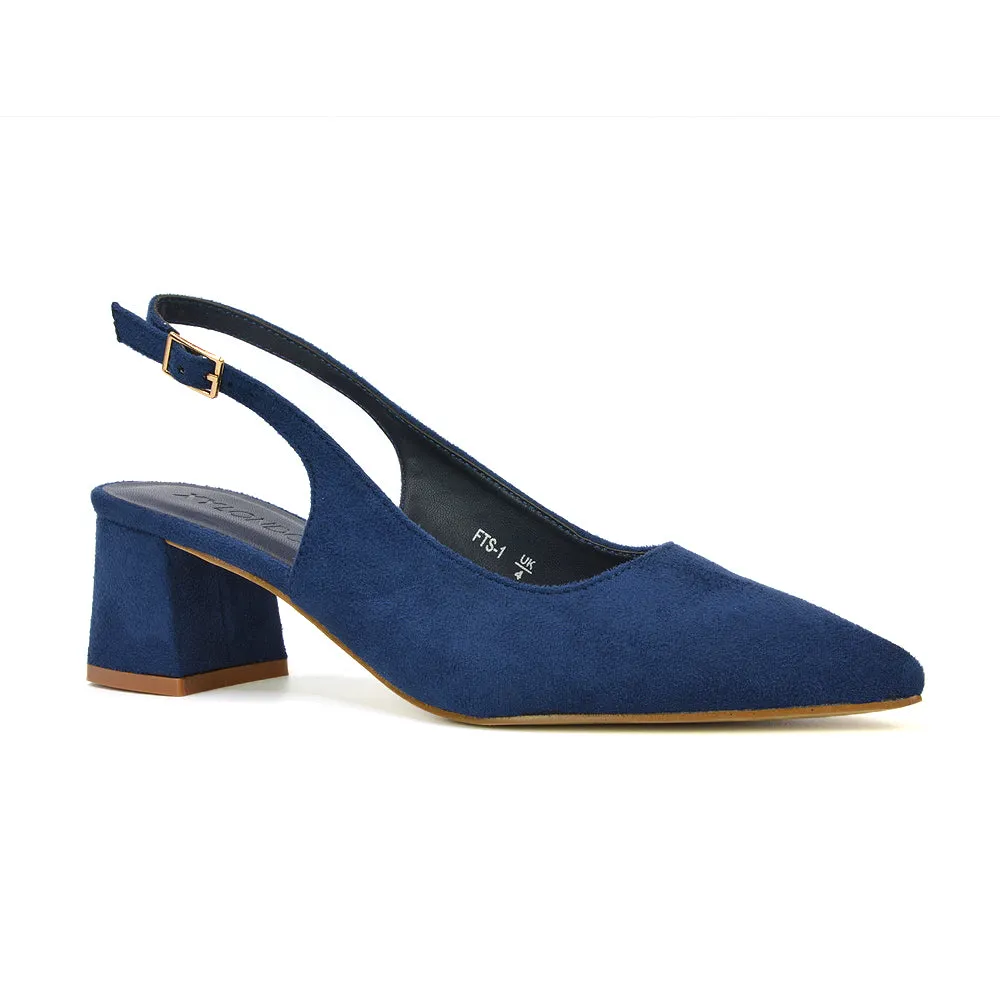 Devon Low Block Heel Slingback Pointed Toe Shoes in Black Synthetic Leather