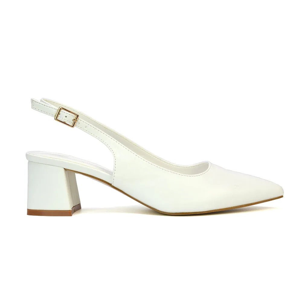 Devon Low Block Heel Slingback Pointed Toe Shoes in Black Synthetic Leather